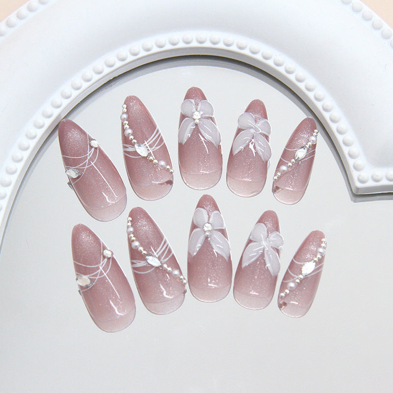 Elegant Garden Inspired Press-On Nail Set Medium Almond Pink with Floral Accents and Glitter Details