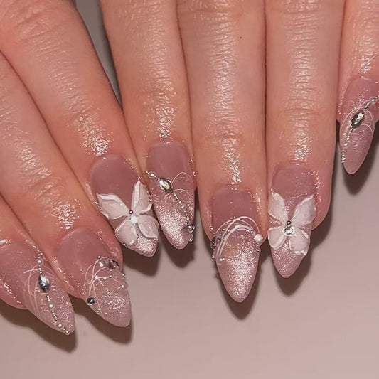 Whimsical Floral Elegance Medium Almond Pink Press On Nail Set with Glitter and Pearl Embellishments