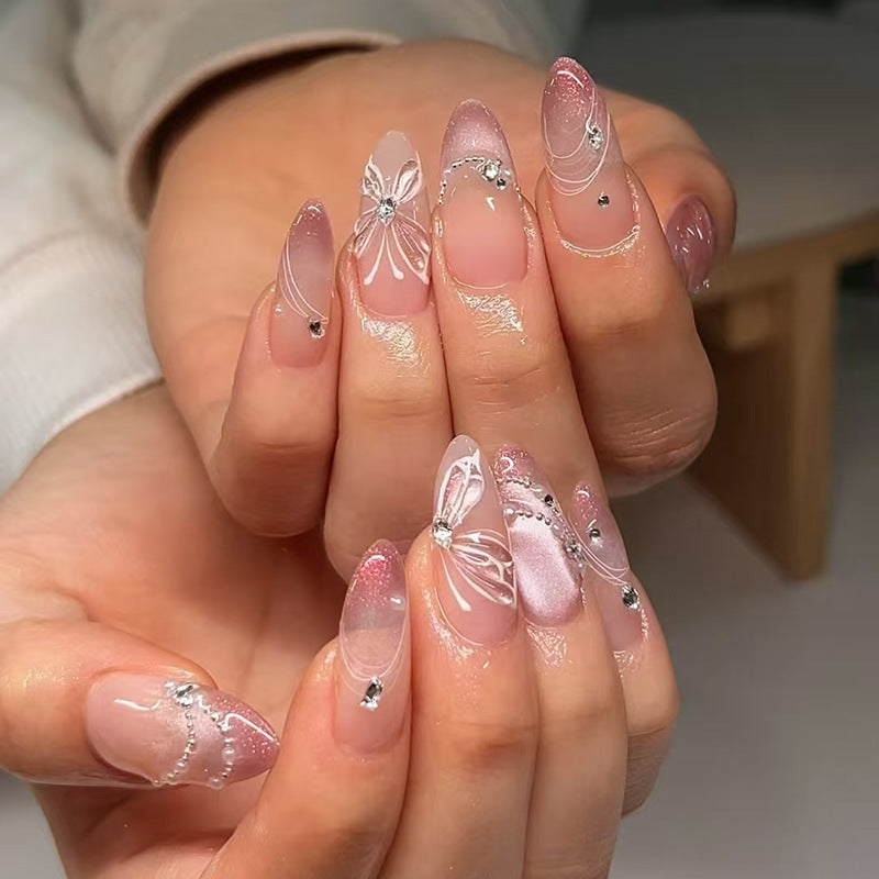 Whimsical Elegance Long Almond Pink Ombre with Sparkling Bow Accents Press On Nail Set