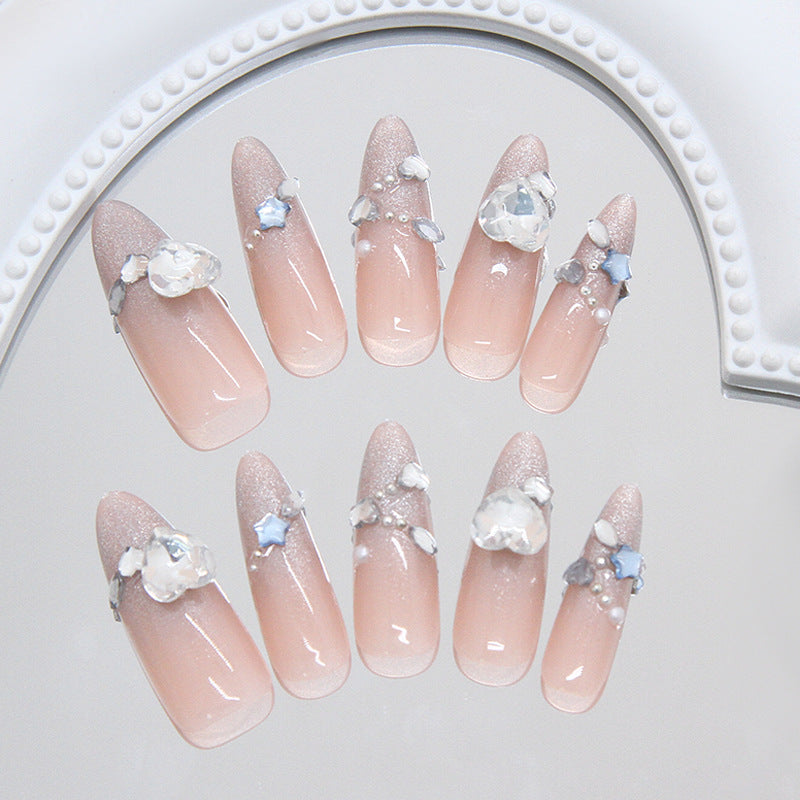 Dreamy Elegance Long Stiletto Pink Glimmer Press On Nails with Sparkling Gem Accents