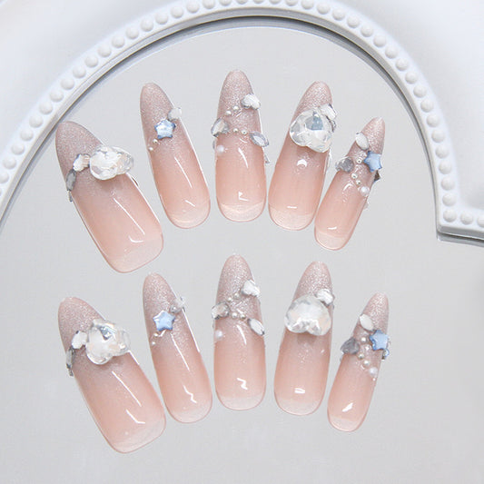 Dreamy Elegance Long Stiletto Pink Glimmer Press On Nails with Sparkling Gem Accents