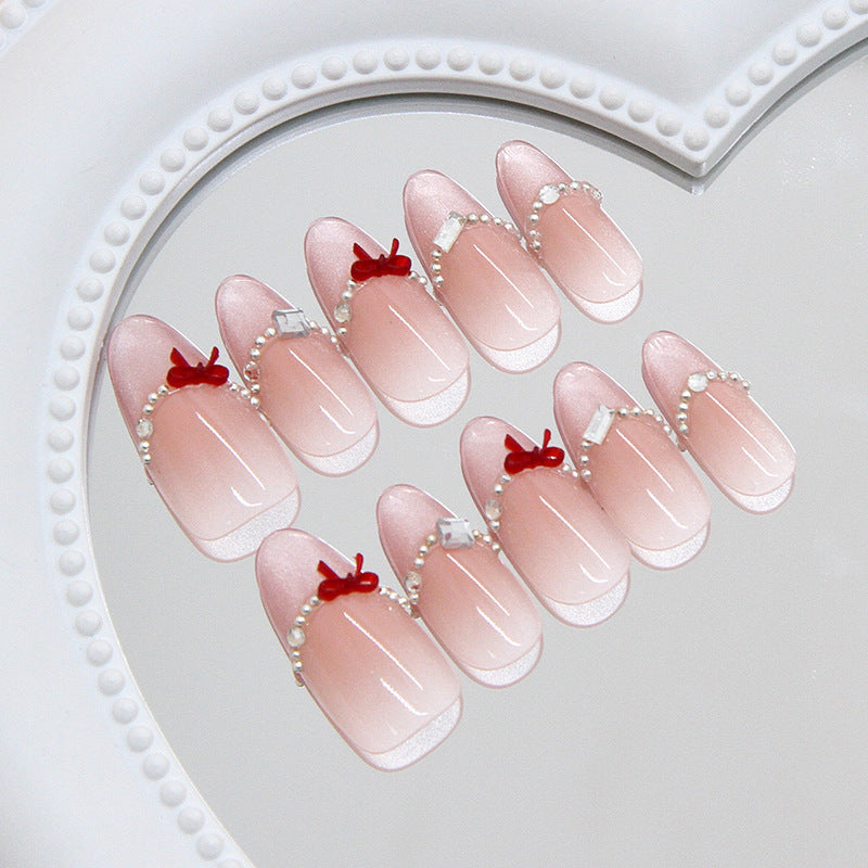 Charming Elegance Long Almond Blush Pink Press On Nail Set with Pearl and Bow Details