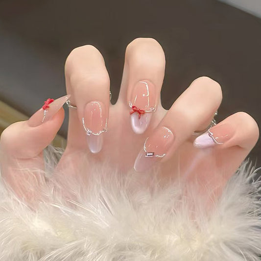 Charming Elegance Long Almond Pink Ombre Press On Nail Set with Delicate Red Bow Accents