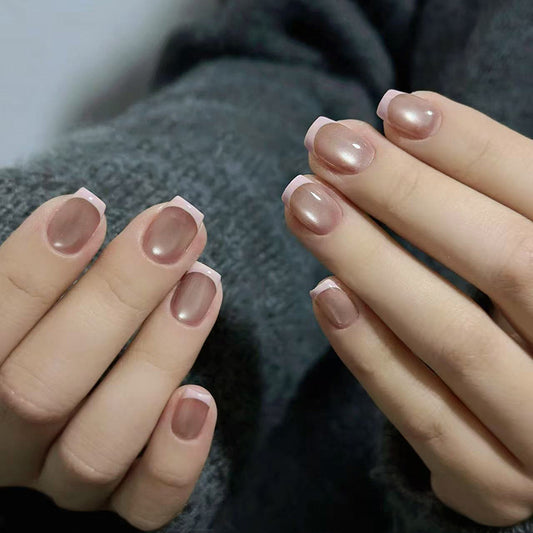 Elegant Charm Short Square Transparent Beige with Glossy Finish Press On Nail Set