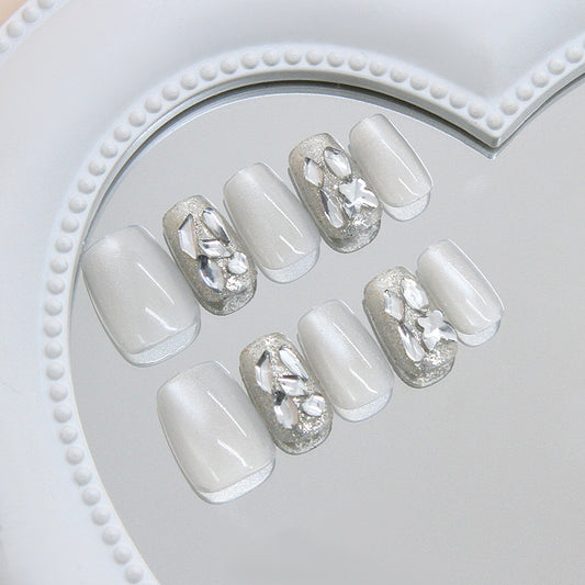 Elegance Unleashed Iridescent Medium Coffin Press On Nail Set with Crystal Accents