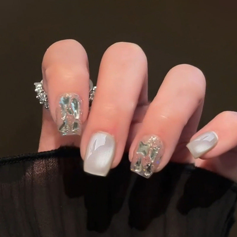 Glamorous Winter Wonderland Press On Nail Set Medium Square Shimmering Silver Textured Design