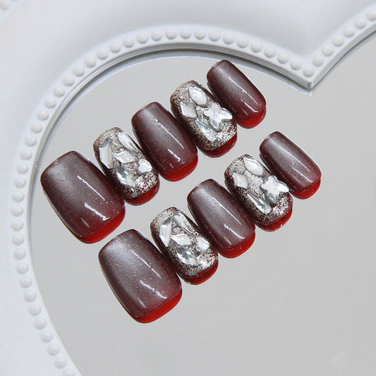 Glamorous Evening Delight Medium Square Burgundy with Stunning Glitter and Gem Accents Press On Nail Set