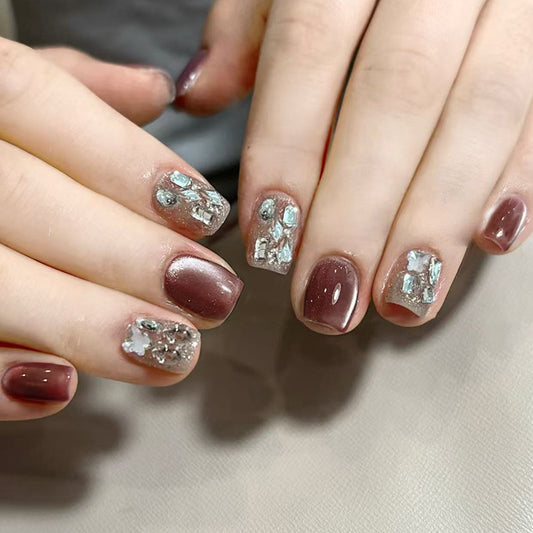 Elegant Crystal Theme Short Square Brown and Clear Press On Nail Set with Unique Gemstone Accents