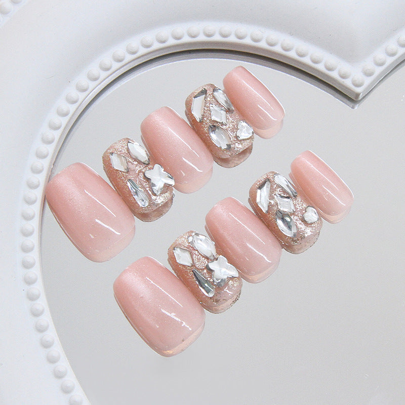 Elegant Blossoms Press-On Nail Set in Medium Square Blush Pink with Glamorous Gemstone Accents