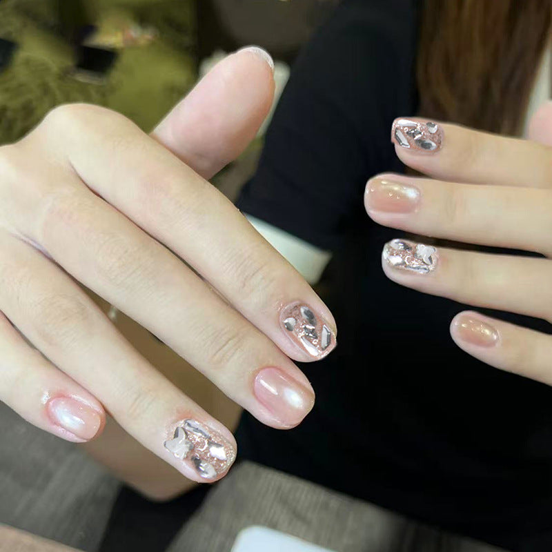 Glamorous Rose Gold Short Square Press-On Nail Set with Unique Glittery Design