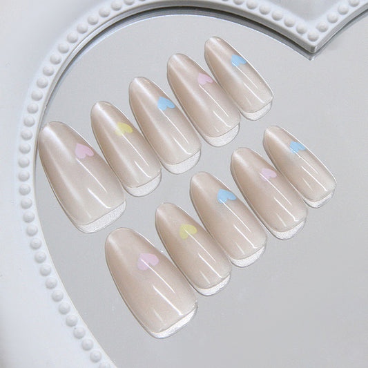 Romantic Flare Long Almond Shaped Translucent Beige Press on Nail Set with Heart Accents