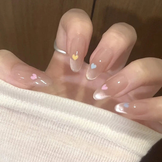 Candy Hearts Long Almond Clear Press On Nails with Pastel Heart Accents