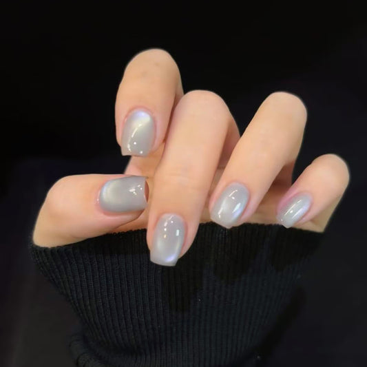 Celestial Glow Medium Square Gray Press On Nail Set with Iridescent Finish