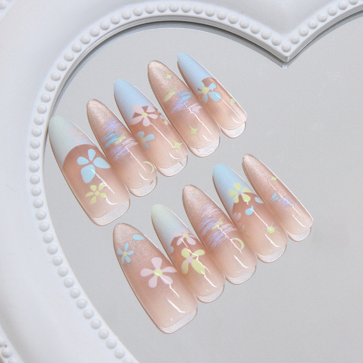 Blossom Dreams Long Almond Design Pastel Blue and Pink Floral Embrace Press-On Nail Set