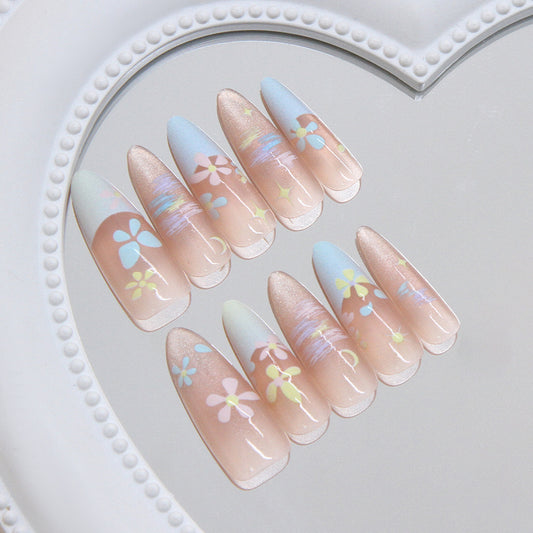Blossom Dreams Long Almond Design Pastel Blue and Pink Floral Embrace Press-On Nail Set