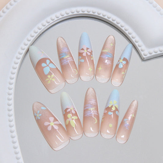 Whimsical Garden Long Almond Pastel Blue and Soft Pink Floral Design Press On Nail Set
