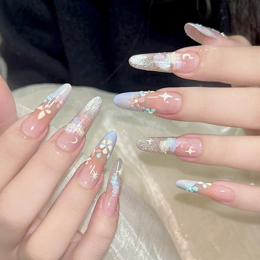 Celestial Dream Long Almond Blue and Pink Ombre with Glittery Floral Accents Press-On Nail Set