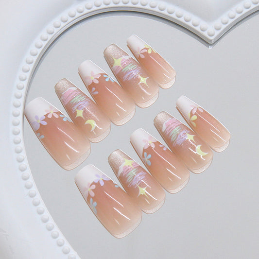 Whimsical Garden Long Coffin Pink Floral Glitter Press On Nail Set