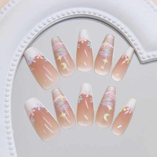 Dreamy Floral Acrylic Nails in Long Coffin Style Soft Pink with Whimsical Moon and Star Designs