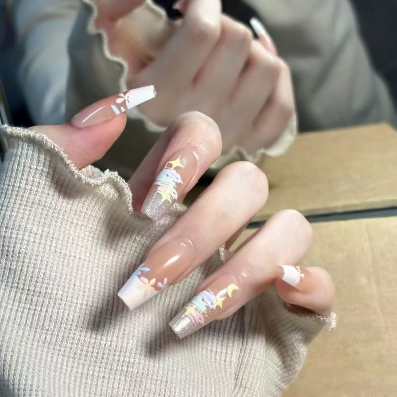 Celestial Dream Long Coffin Glossy Pastel Radiant Flower Design Press On Nail Set