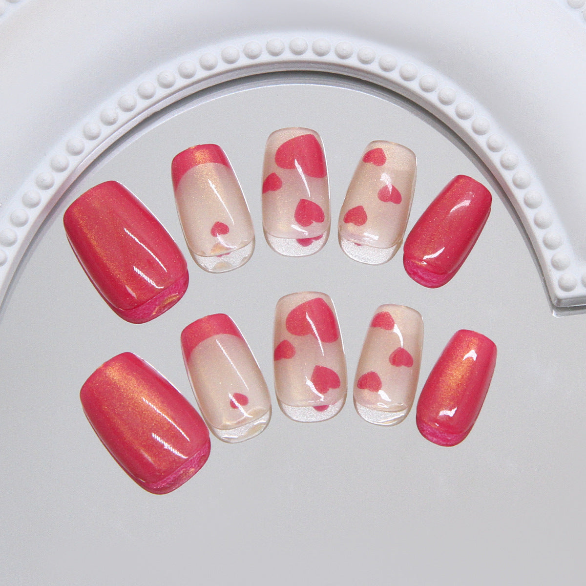Romantic Heartfelt Medium Coffin Glossy Pink and Clear Nail Set with Adorable Heart Designs