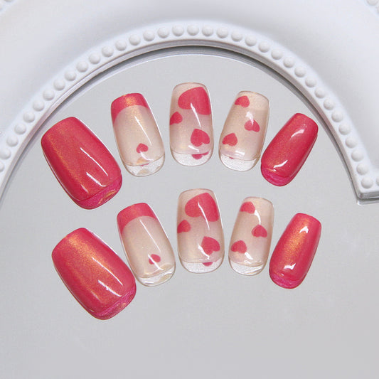 Romantic Heartfelt Medium Coffin Glossy Pink and Clear Nail Set with Adorable Heart Designs
