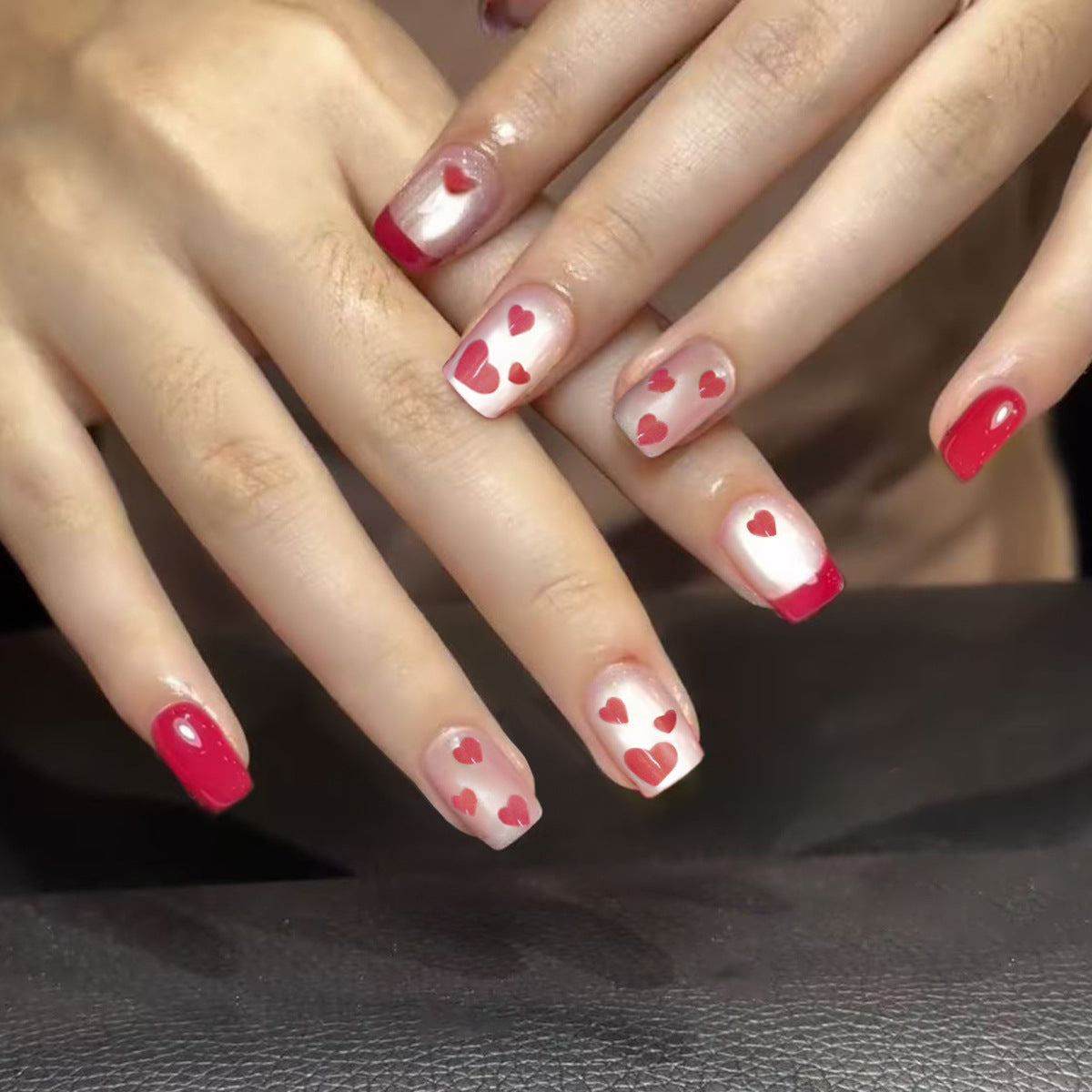 Romantic Hearts Medium Coffin Red and Pink Gradient with Adorable Heart Designs Press On Nail Set