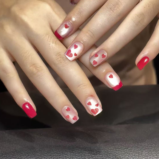 Romantic Hearts Medium Coffin Red and Pink Gradient with Adorable Heart Designs Press On Nail Set
