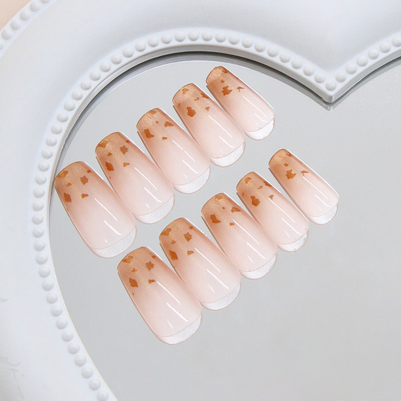 Whimsical Elegance Long Coffin Pink Beige Nails with Gold Flakes