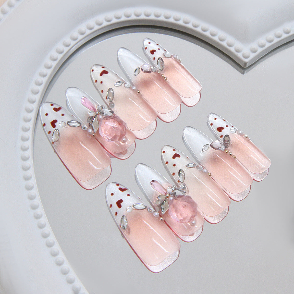 Romantic Delight Elegant Long Almond Shape Ombre Pink with Adorned Gems and Heart Accents Press On Nail Set