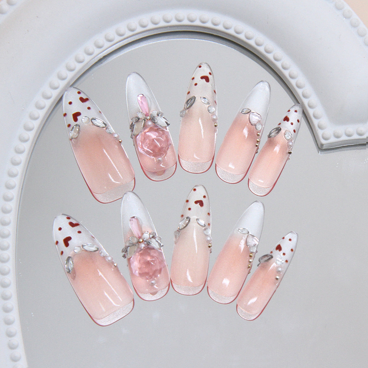 Romantic Elegance Long Almond Pink with Floral Gem Accents Press On Nail Set