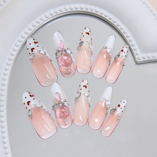Romantic Elegance Long Almond Pink with Floral Gem Accents Press On Nail Set