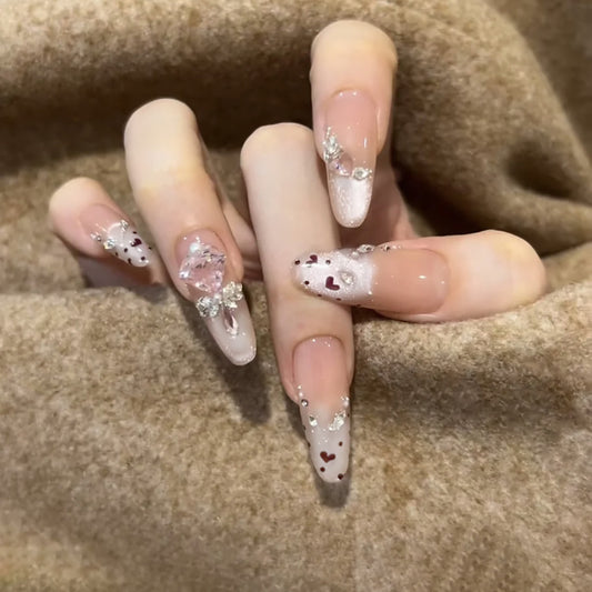Romantic Elegance Long Almond Pink with Heart and Gemstone Accents Press On Nail Set