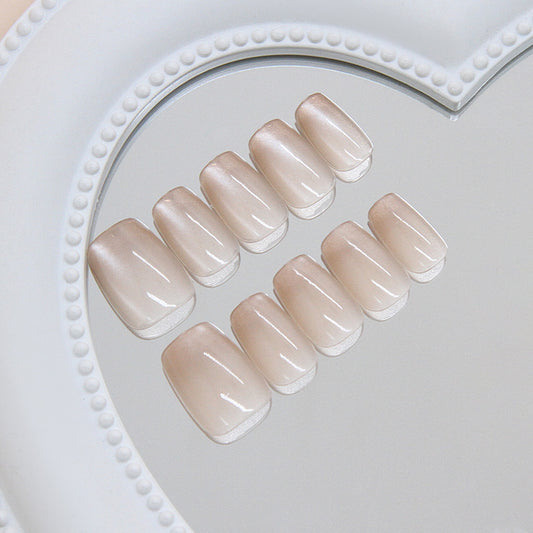 Elegant Serenity Glossy Medium Coffin Press On Nail Set in Long Neutral Design with Iridescent Shine