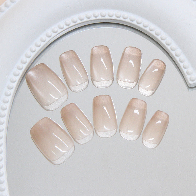 Ethereal Elegance Medium Coffin Beige Gradient Press On Nail Set with Glossy Finish