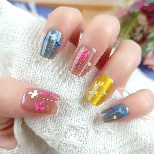 Garden Paradise Medium Square Colorful Floral Design Press On Nail Set