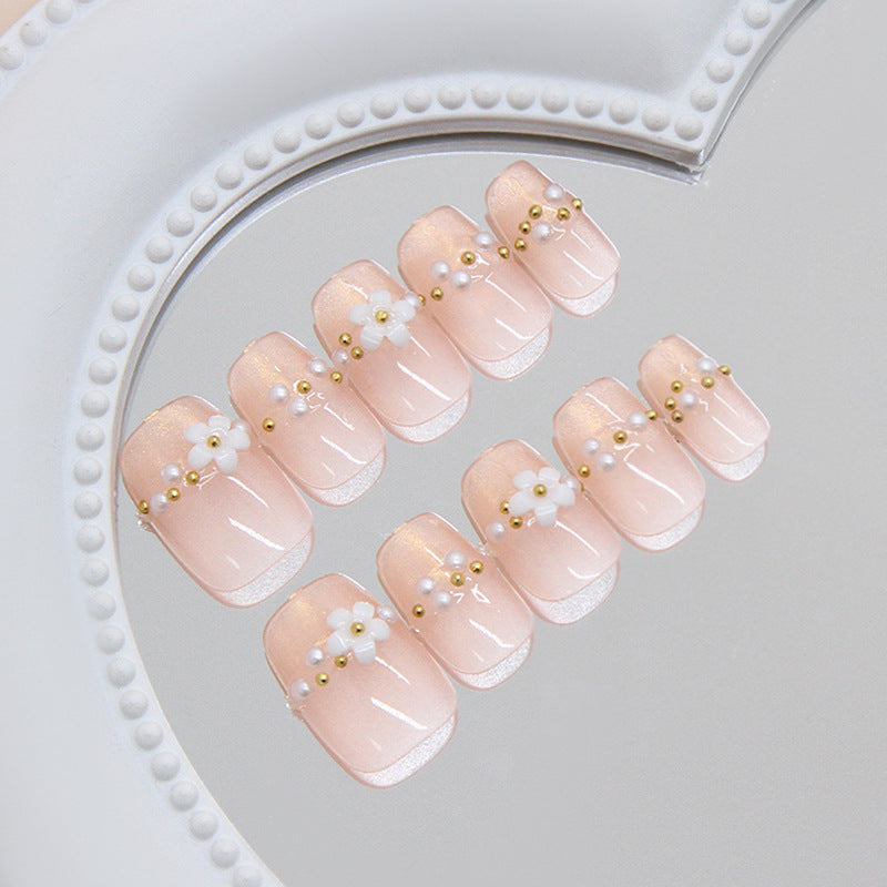 Whimsical Elegance Medium Square Blush Press On Nail Set with Floral and Pearl Accents