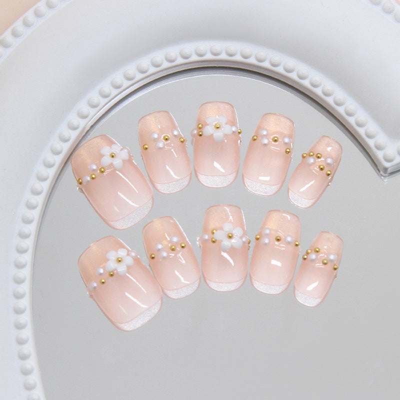 Blossom Elegance Medium Square Soft Pink with Floral Accents and Pearls Press On Nail Set