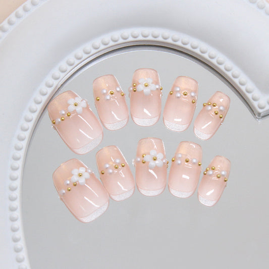 Blossom Elegance Medium Square Soft Pink with Floral Accents and Pearls Press On Nail Set