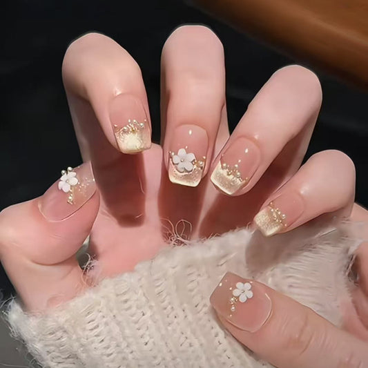 Whimsical Garden Inspired Medium Square Beige with Floral Accent and Glitter Press on Nail Set