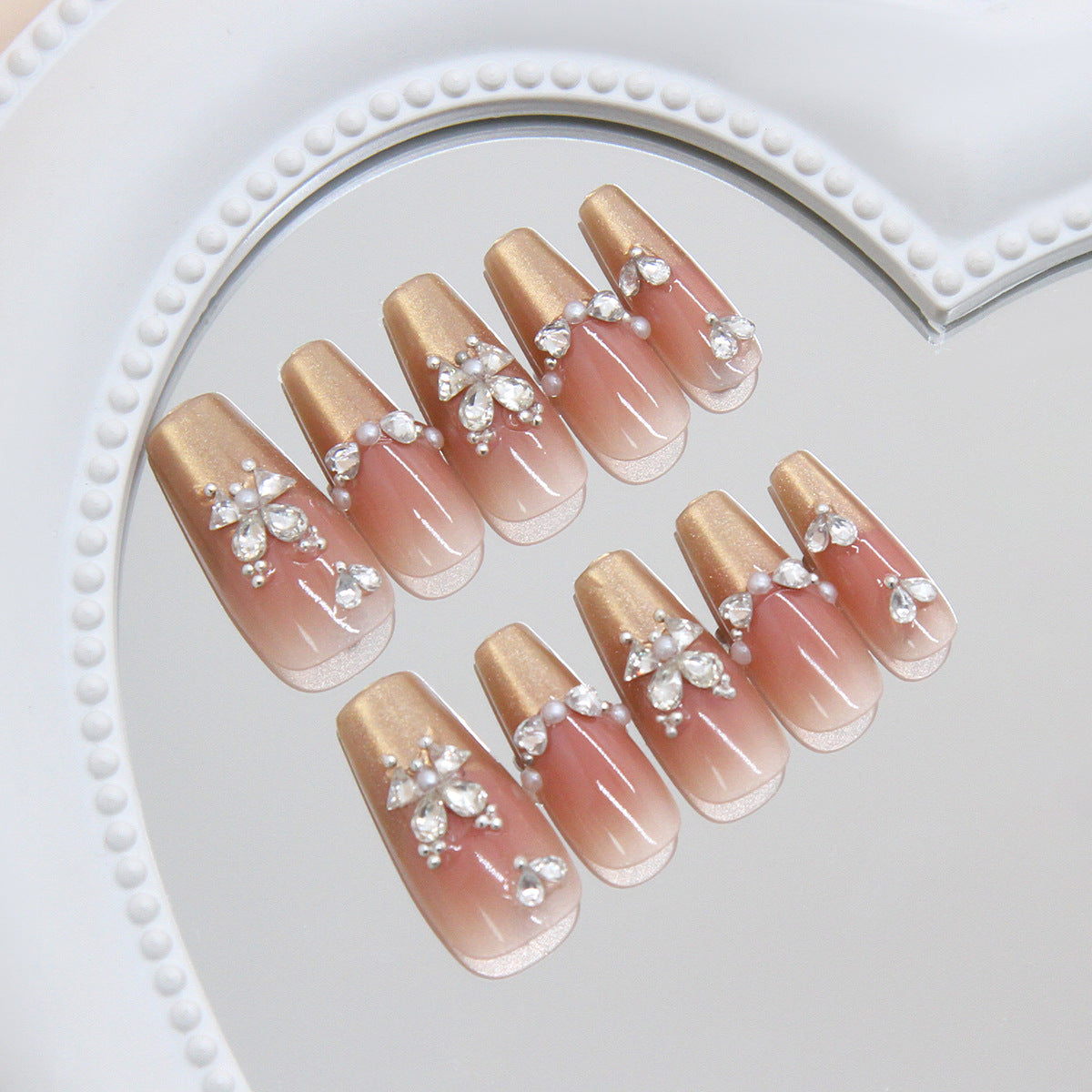 Glamorous Elegance Long Coffin Almond Champagne with Radiant Pearl Embellishments Press On Nail Set