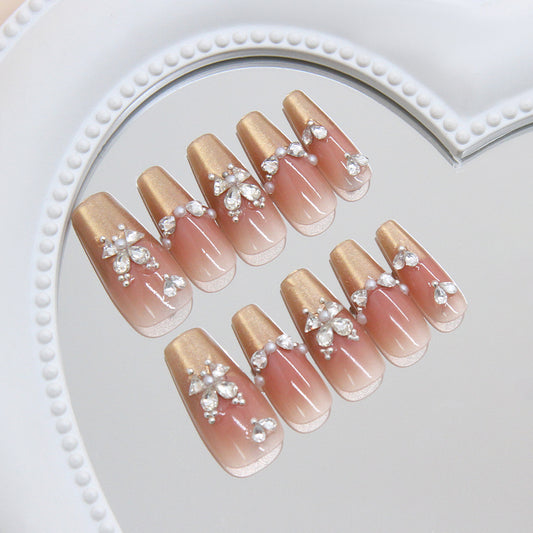 Glamorous Elegance Long Coffin Almond Champagne with Radiant Pearl Embellishments Press On Nail Set