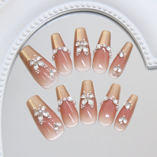 Elegant Floral Fantasy Long Coffin Pink Ombre Press On Nail Set with Sparkling Gem Accents