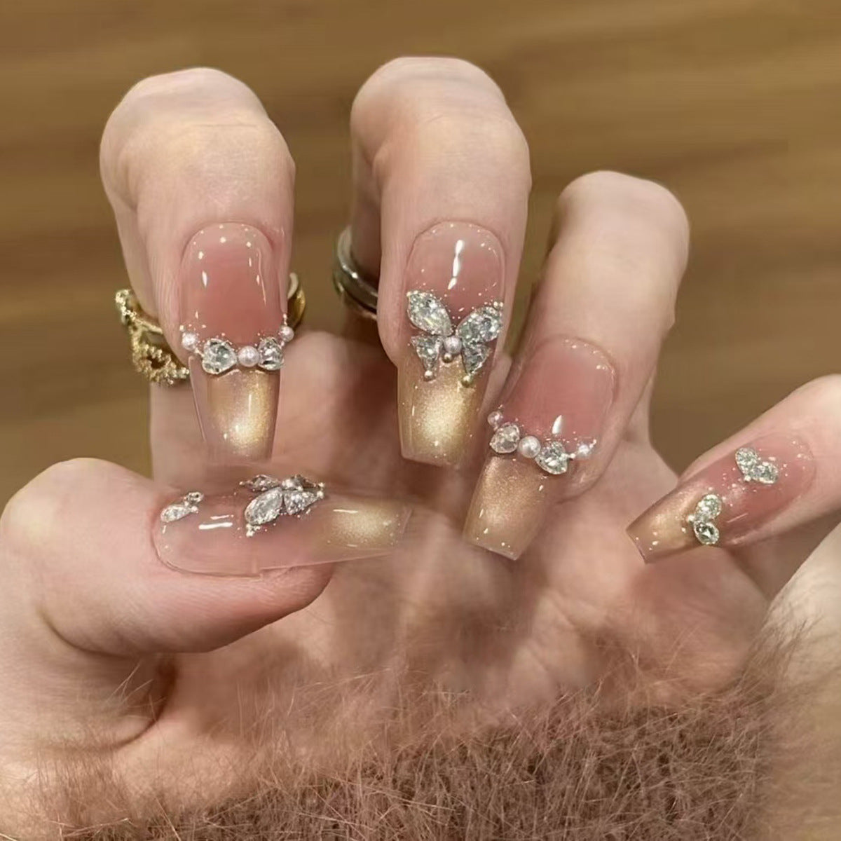 Elegance Reimagined Long Coffin Gradient Beige Press On Nail Set with Rhinestone Butterfly Accents