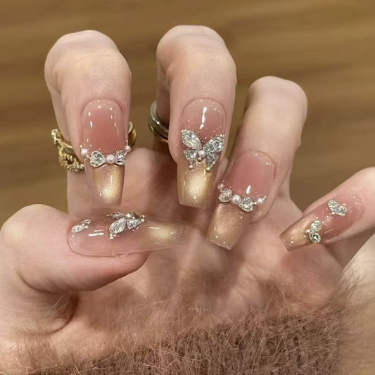 Elegance Reimagined Long Coffin Gradient Beige Press On Nail Set with Rhinestone Butterfly Accents