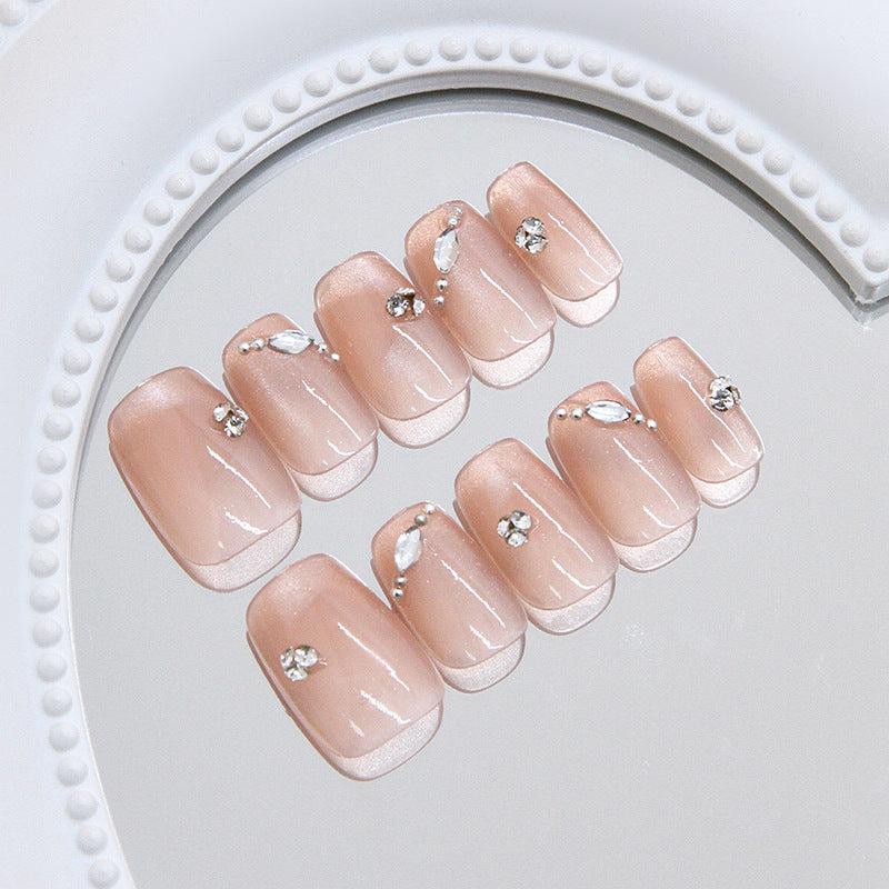 Elegant Bliss Medium Square Beige Press On Nail Set with Sparkling Gem Accents