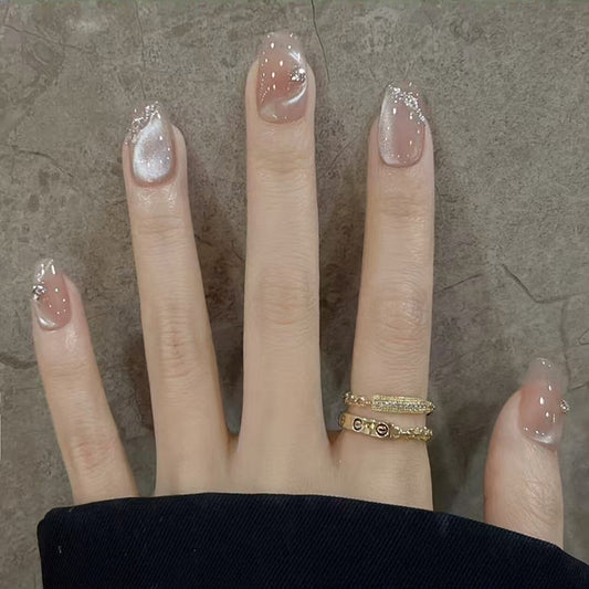 Elegant Charm Medium Square Clear Glossy Nails with Dazzling Rhinestone Accents