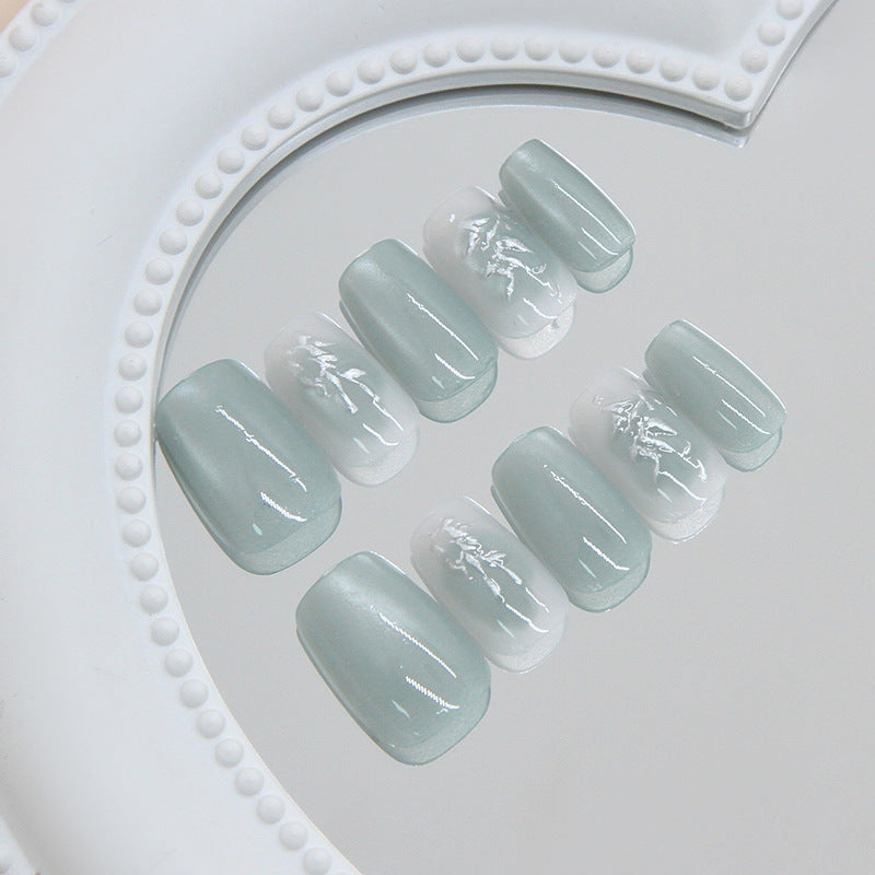 Serene Ocean Inspired Medium Square Mint and White Press On Nail Set with Elegant Floral Detailing