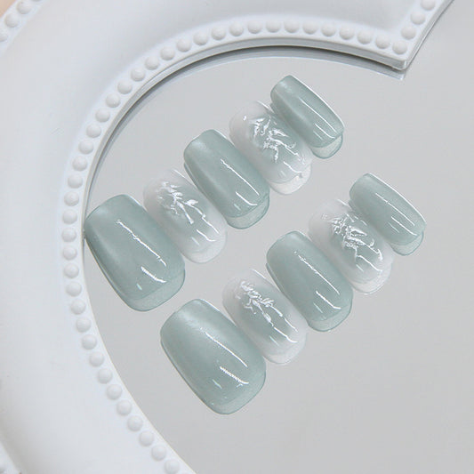 Serene Ocean Inspired Medium Square Mint and White Press On Nail Set with Elegant Floral Detailing