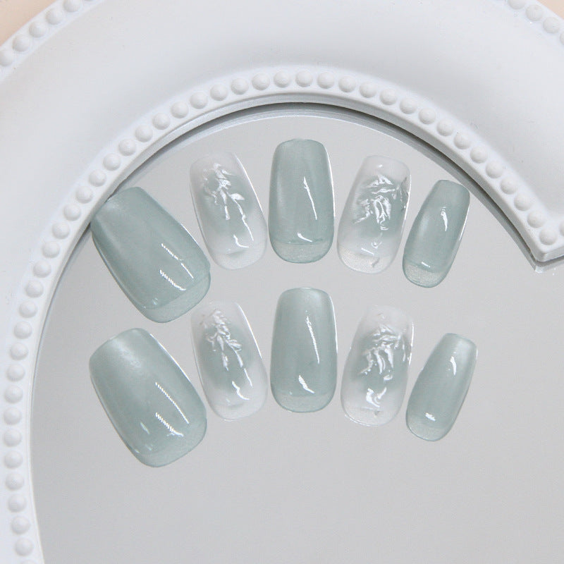 Serene Oasis Elegant Medium Square Green with Trendy Floral Design Press On Nail Set